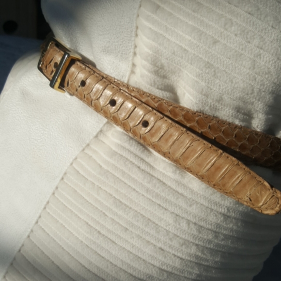 VINTAGE ♡ Gorgeous Beige Genuine Snake Skin Leather Belt with Gold Hardware M f